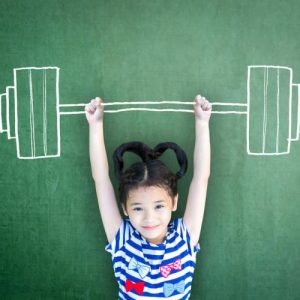 Girl holding up image of barbell