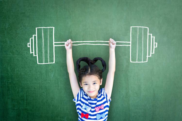 Girl holding up image of barbell